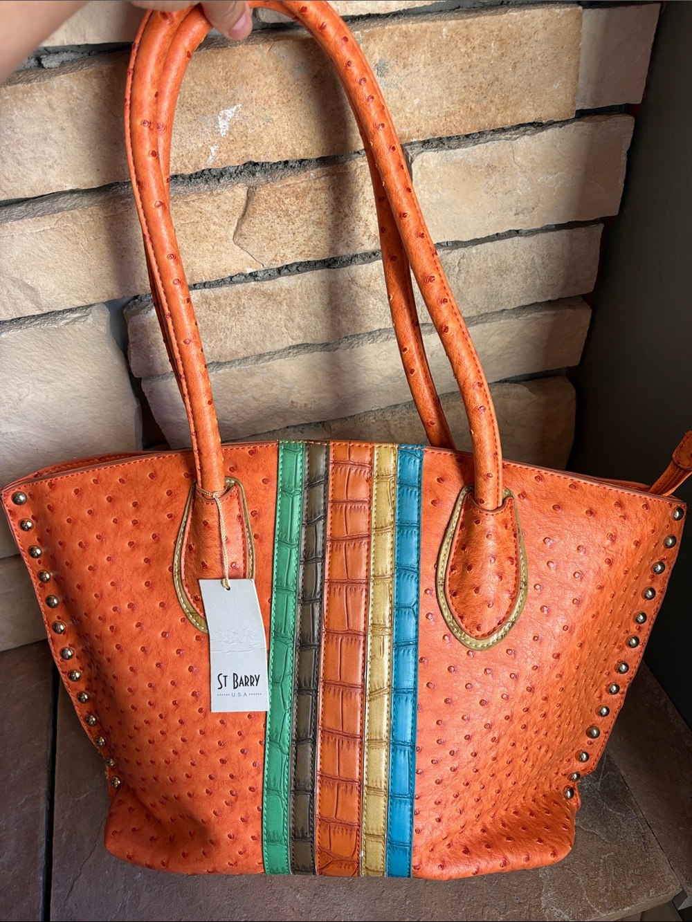 St. Barry PVC Orange Multicolor Textured Tote Bag - Picture 4 of 10